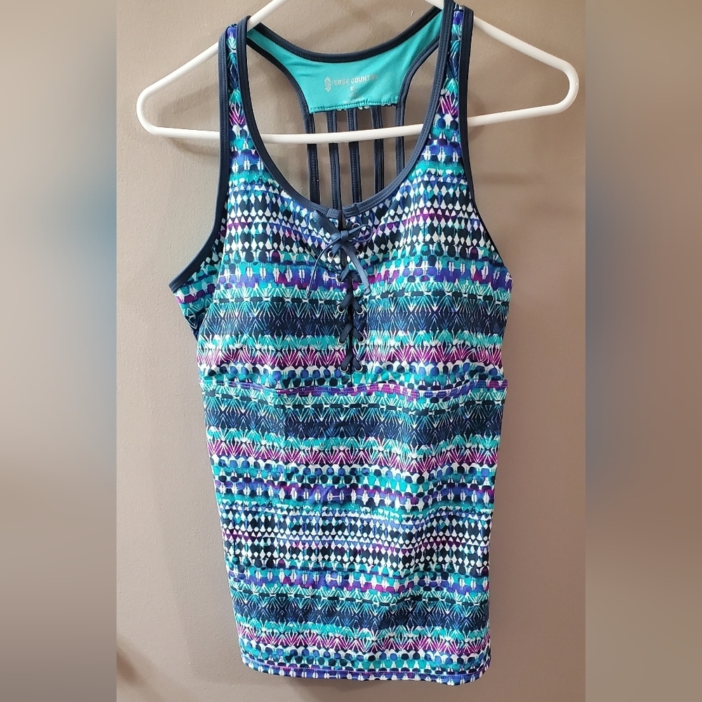 Free Country Teal Blue Purple Striped Racerback Swim Top. Sz XL